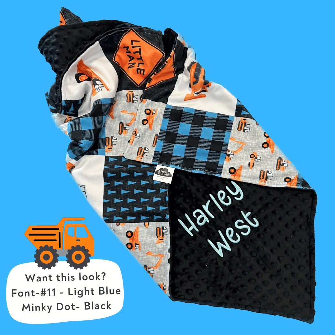 Embroidered Personalised Minky Dot Blanket - "Blue Construction"