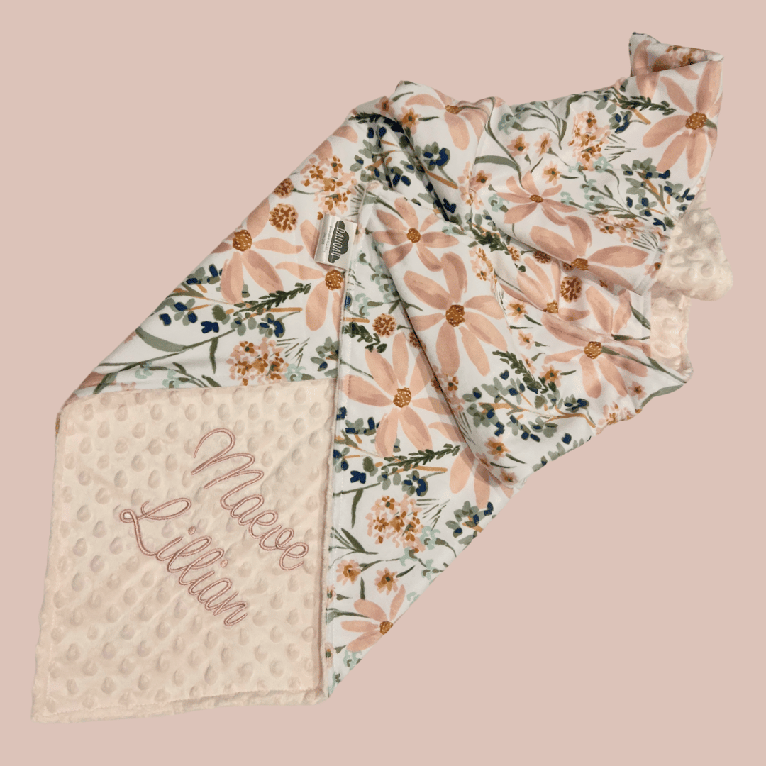 Embroidered Personalised Minky Dot Blanket - "Neutral Floral"