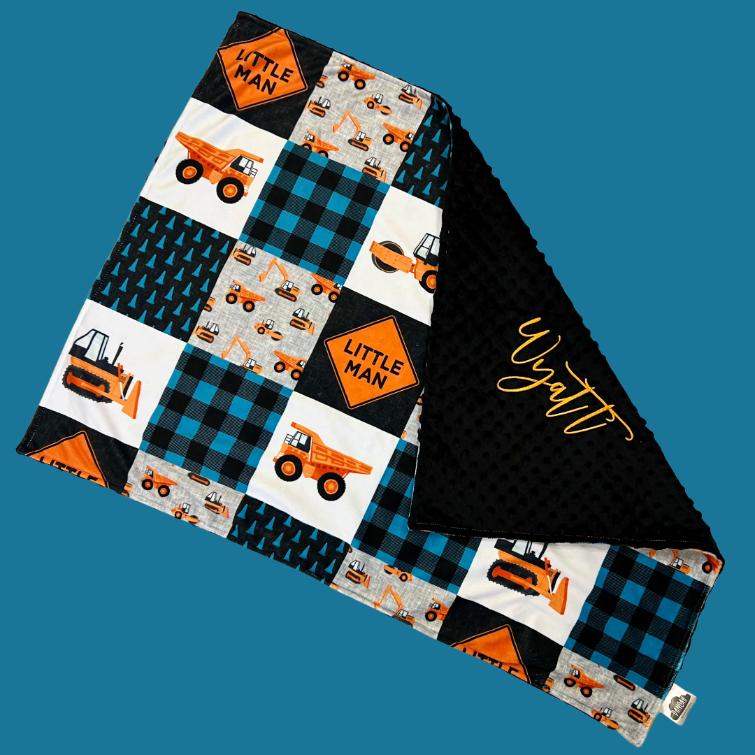 Embroidered Personalised Minky Dot Blanket - "Blue Construction"