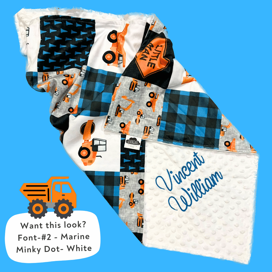 Embroidered Personalised Minky Dot Blanket - "Blue Construction"