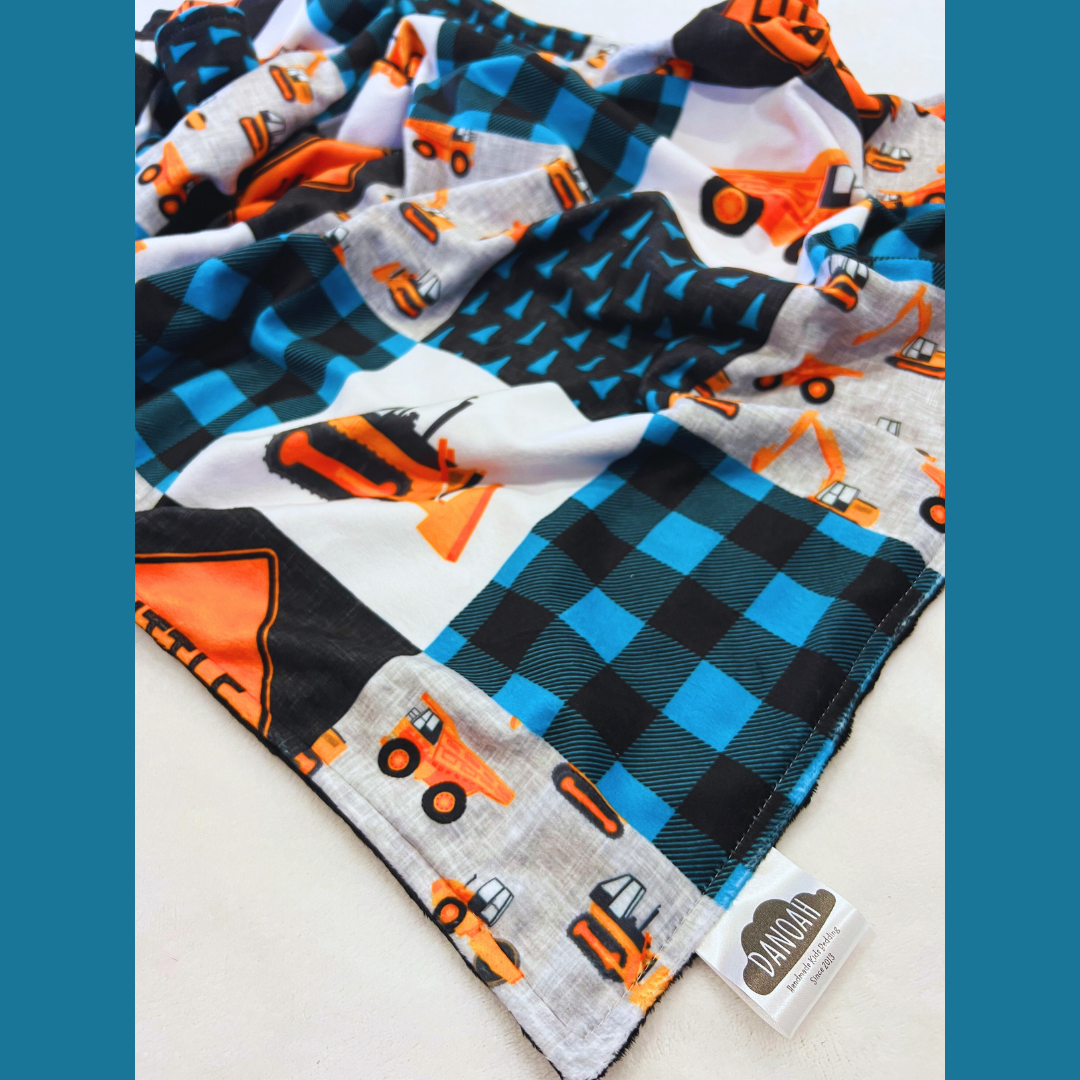 Embroidered Personalised Minky Dot Blanket - "Blue Construction"