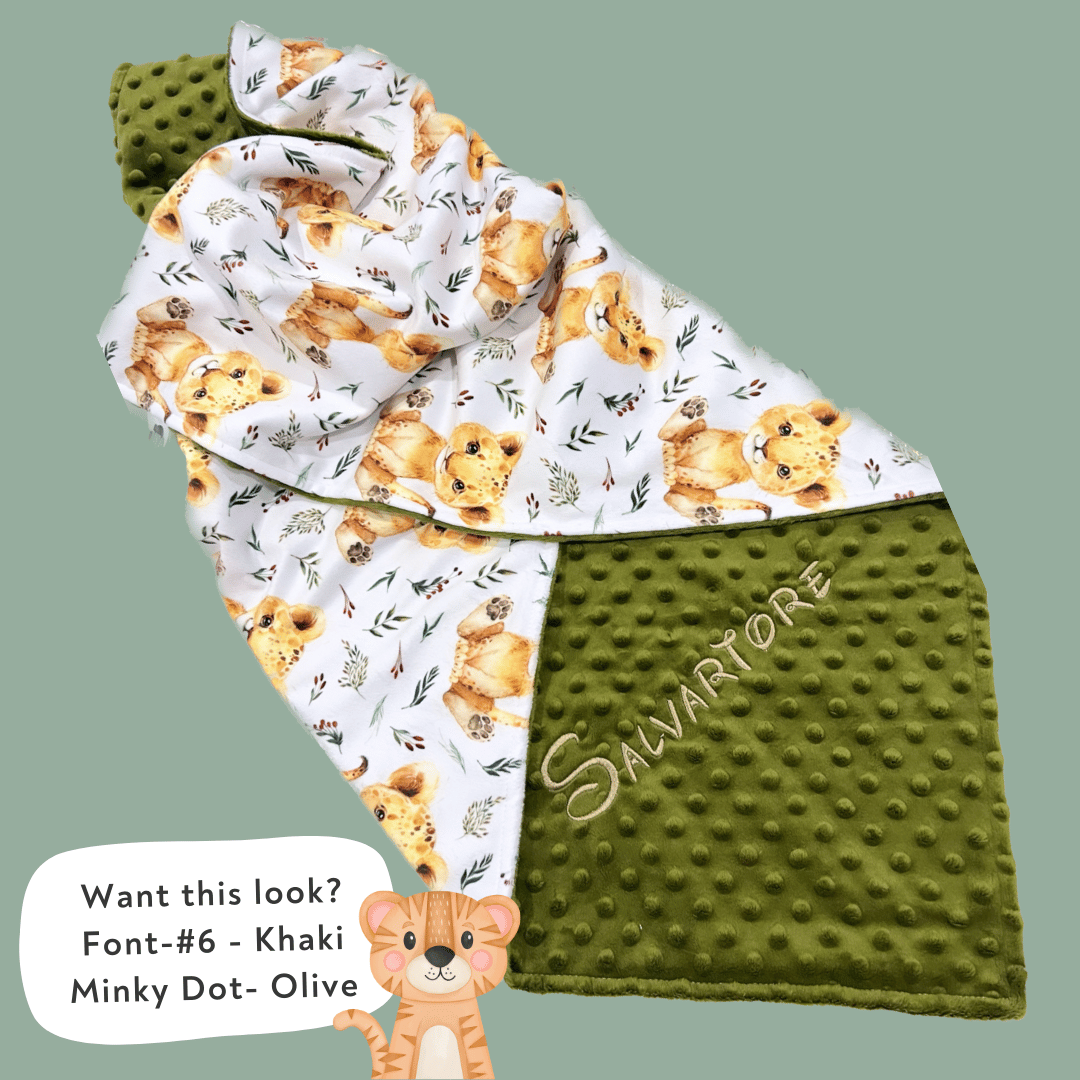 Embroidered Personalised Minky Dot Blanket - "Baby Lions"