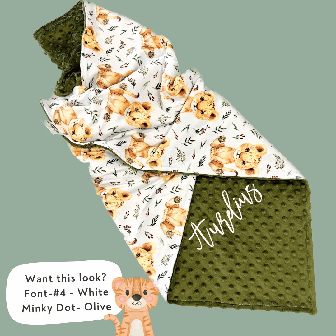 Embroidered Personalised Minky Dot Blanket - "Baby Lions"
