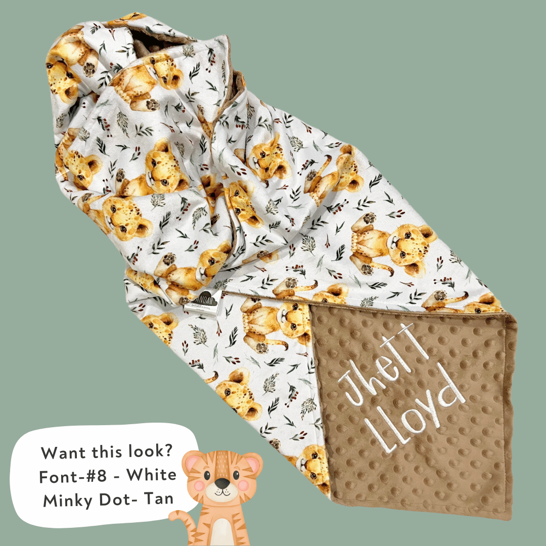 Embroidered Personalised Minky Dot Blanket - "Baby Lions"