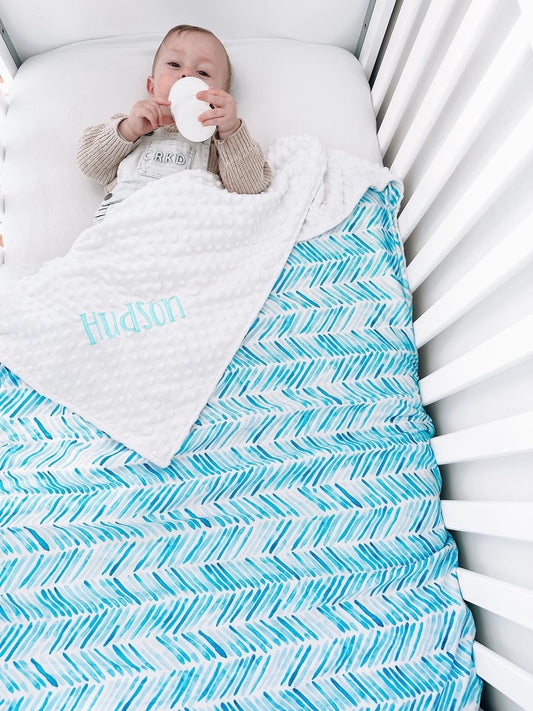 Embroidered Personalised Minky Dot Blanket - "Baby Blue Arrows"