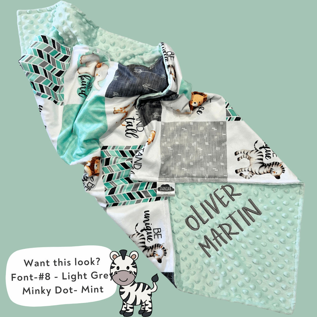 Embroidered Personalised Minky Dot Blanket - "Courageous Animals Mint"