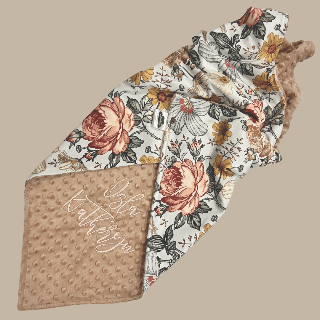 Embroidered Personalised Minky Dot Blanket - "Vintage Floral"