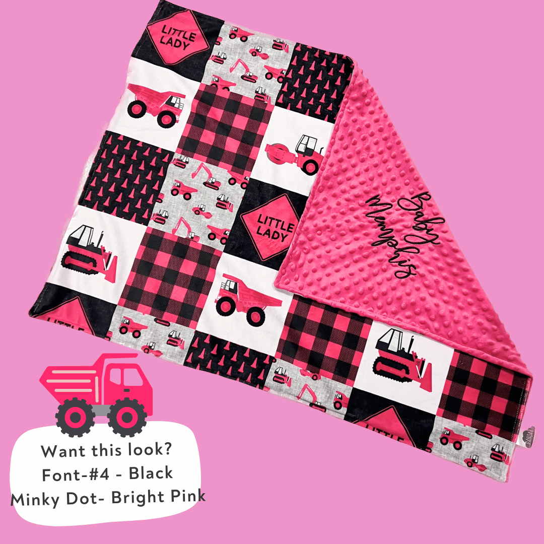 Embroidered Personalised Minky Dot Blanket - "Little Lady Construction"
