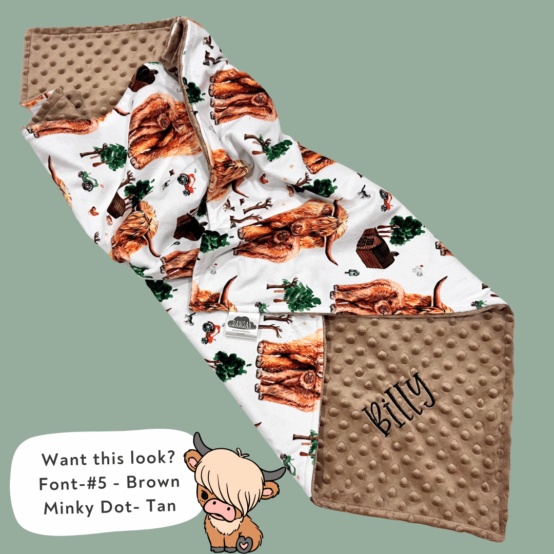 Embroidered Personalised Minky Dot Blanket - "Farming Highland Cow"