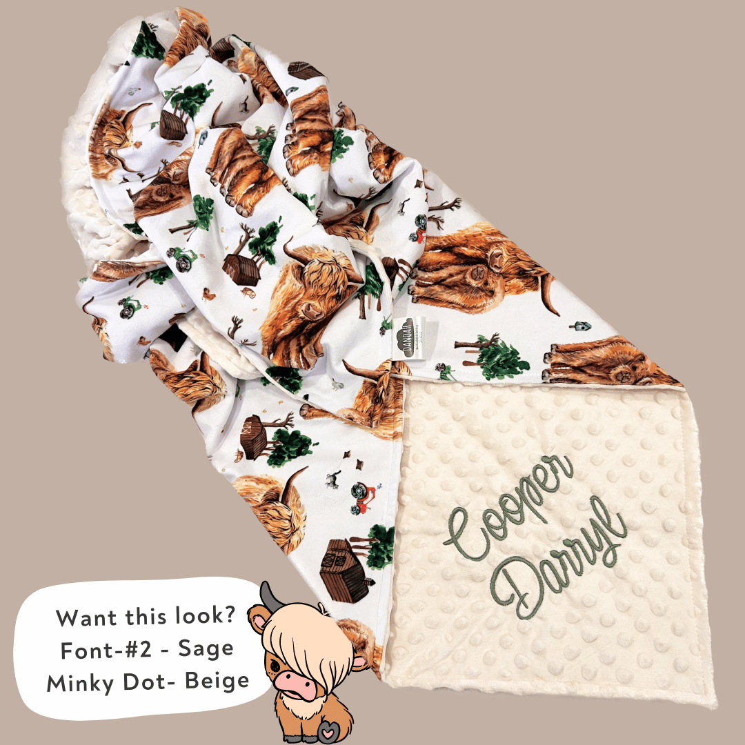 Embroidered Personalised Minky Dot Blanket - "Farming Highland Cow"