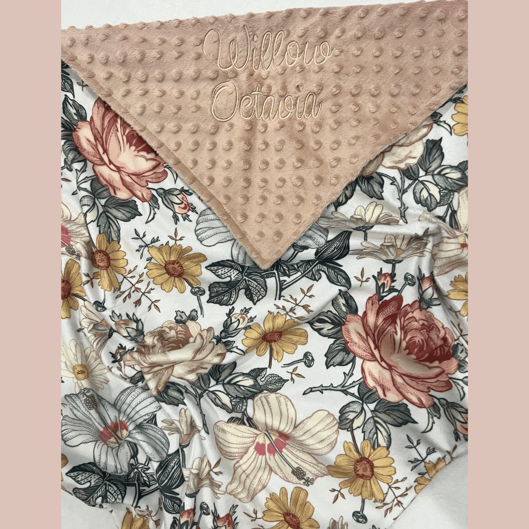 Embroidered Personalised Minky Dot Blanket - "Vintage Floral"