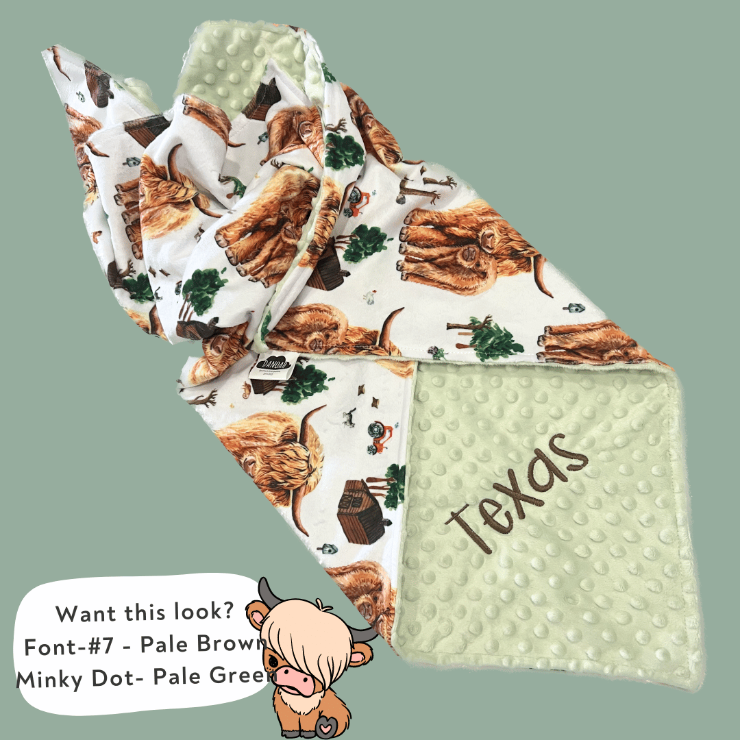 Embroidered Personalised Minky Dot Blanket - "Farming Highland Cow"