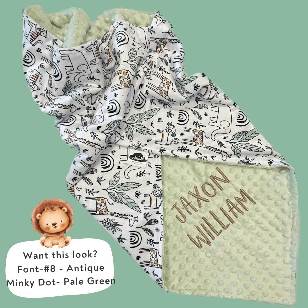Embroidered Personalised Minky Dot Blanket - "Safari Fun"