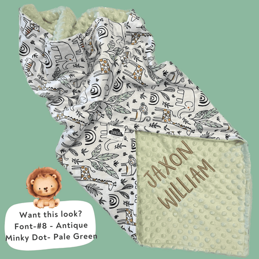 Embroidered Personalised Minky Dot Blanket - "Safari Fun"