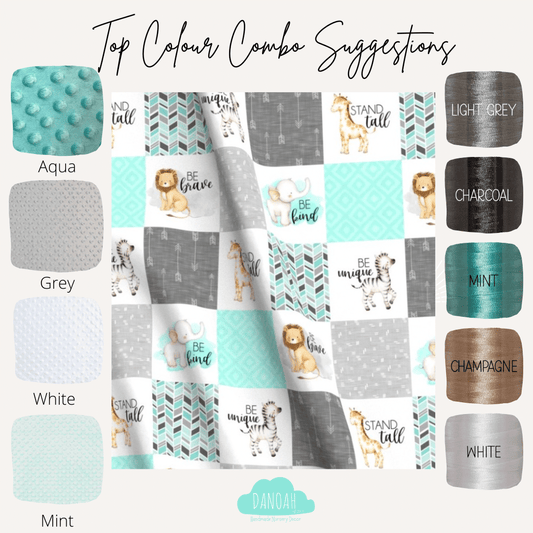 Embroidered Personalised Minky Dot Blanket - "Courageous Animals Mint"