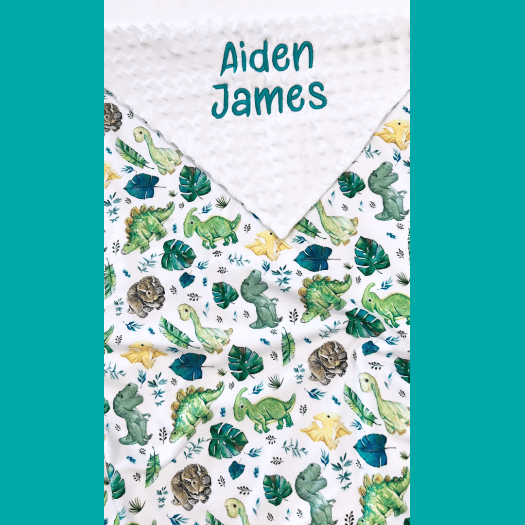 Embroidered Personalised Minky Dot Blanket - "Dinosaur"