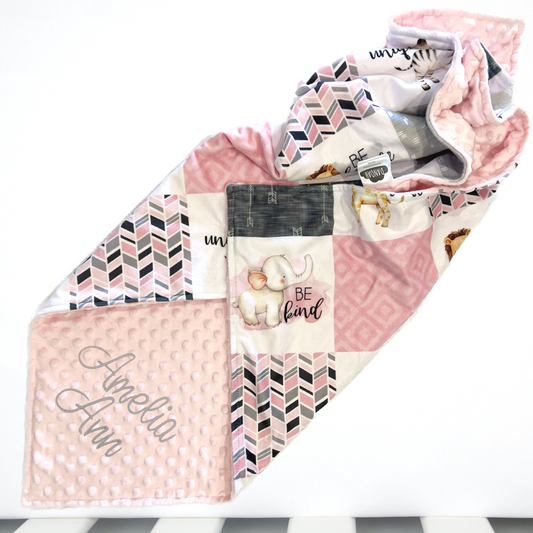 Embroidered Personalised Minky Dot Blanket - "Courageous Animals Pink"