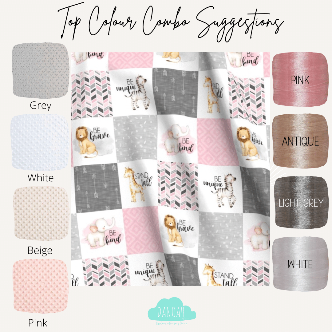 Embroidered Personalised Minky Dot Blanket - "Courageous Animals Pink"