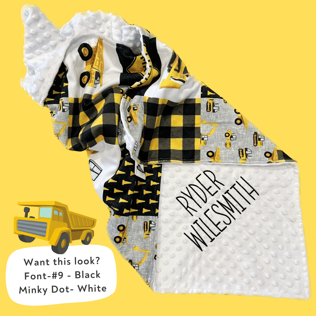 Embroidered Personalised Minky Dot Blanket - "Yellow Construction"