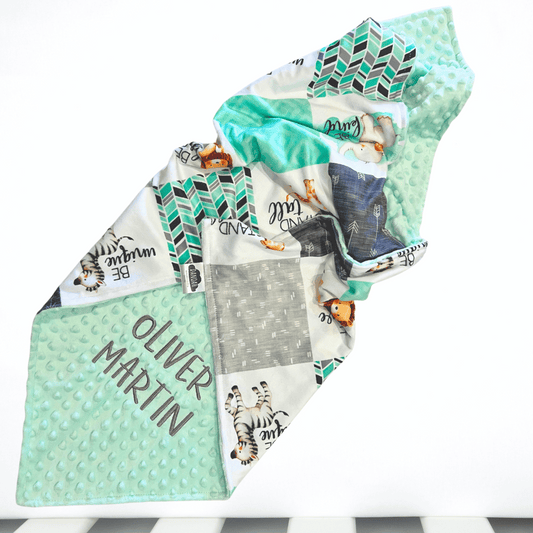 Embroidered Personalised Minky Dot Blanket - "Courageous Animals Mint"
