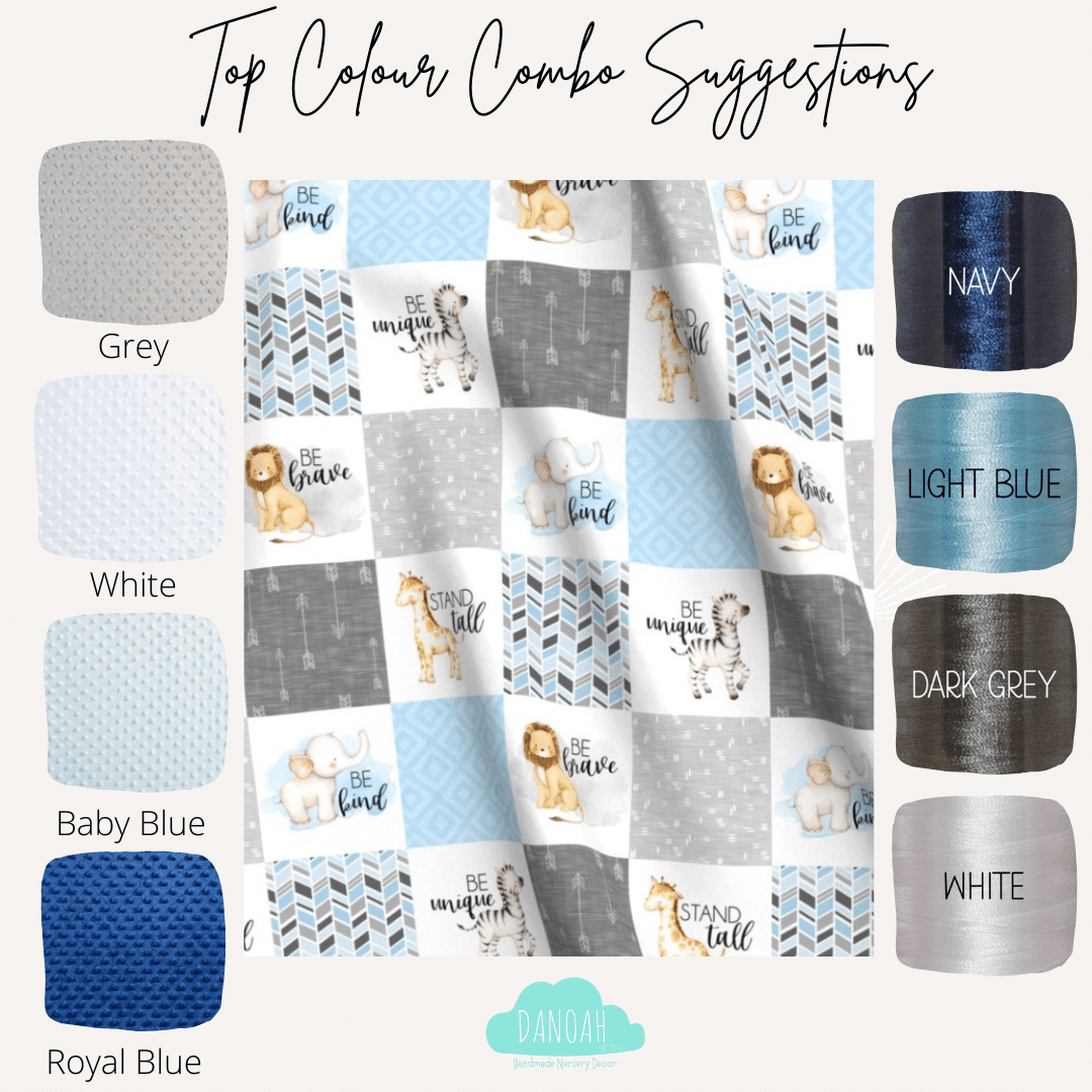 Embroidered Personalised Minky Dot Blanket - "Courageous Animals Blue"
