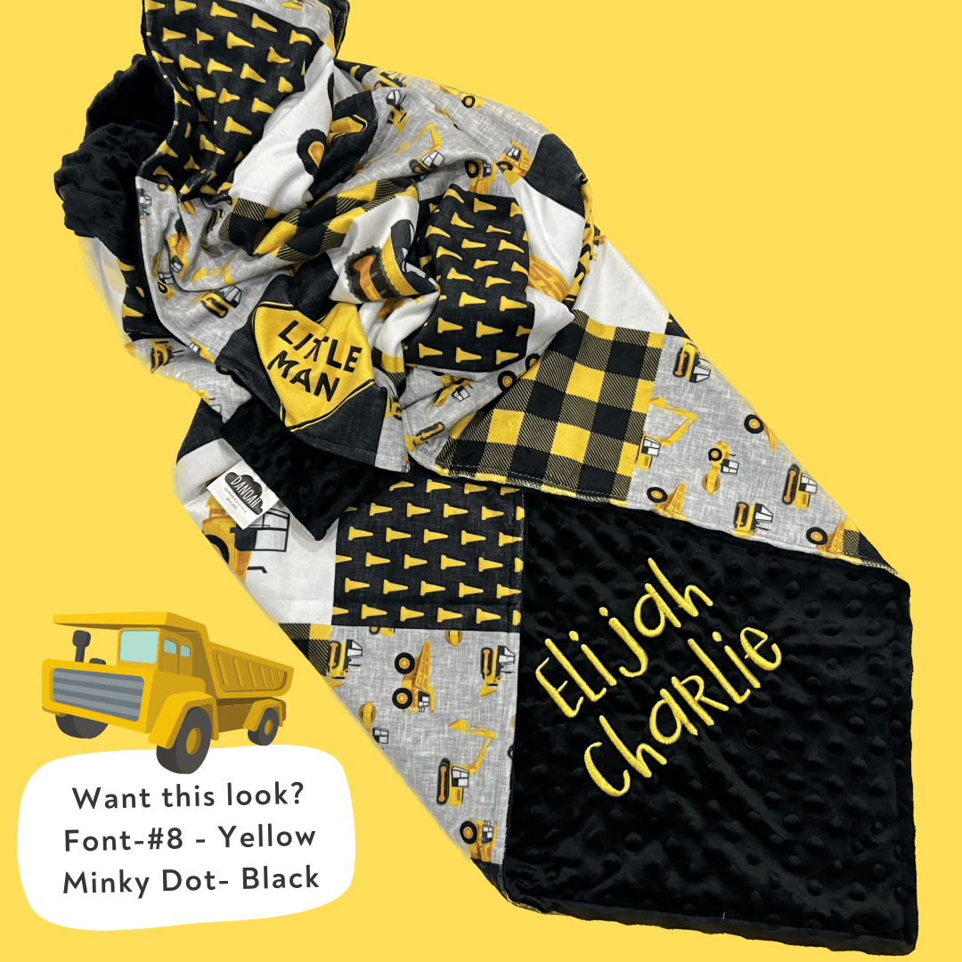 Embroidered Personalised Minky Dot Blanket - "Yellow Construction"