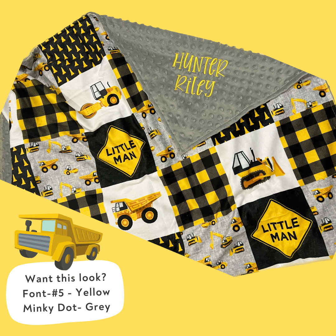 Embroidered Personalised Minky Dot Blanket - "Yellow Construction"