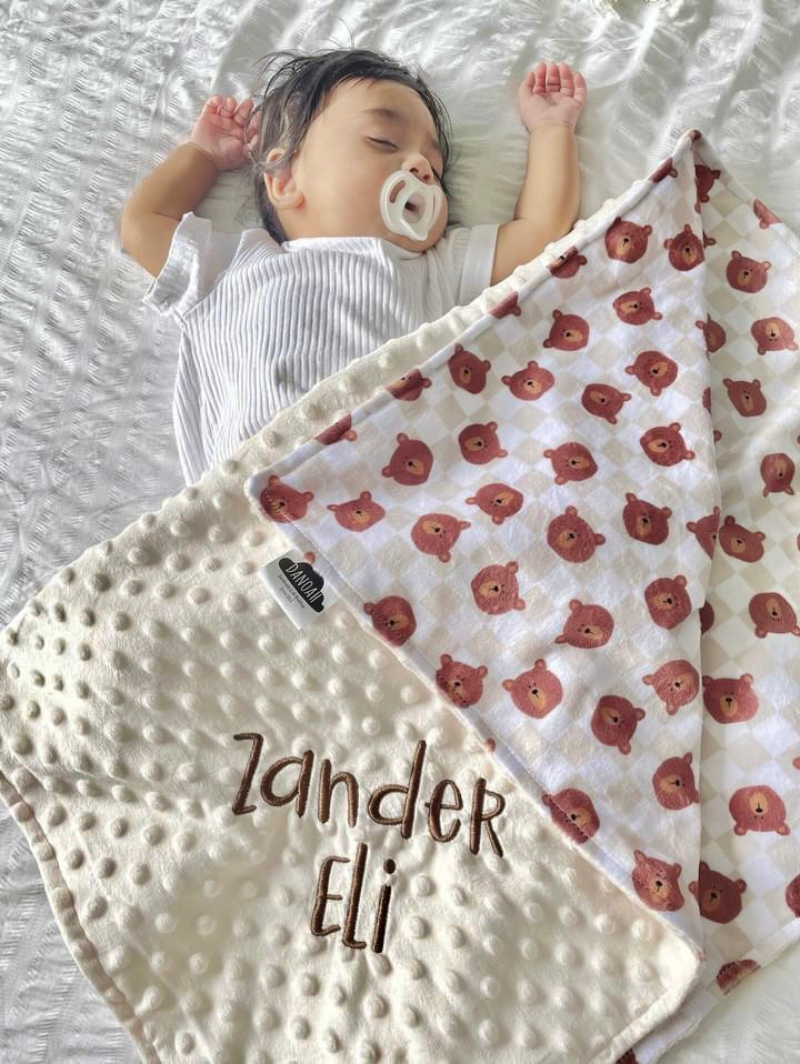 Embroidered Personalised Minky Dot Blanket - "Brown Checkered Teddy Bears"