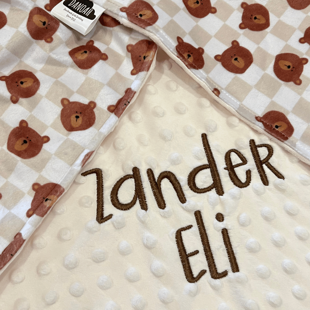 Embroidered Personalised Minky Dot Blanket - "Brown Checkered Teddy Bears"