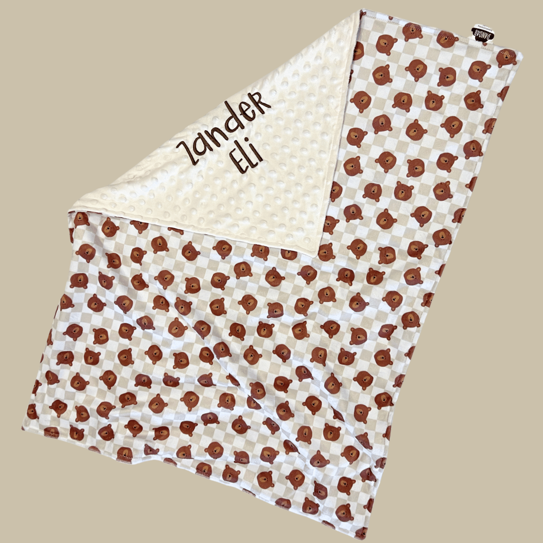Embroidered Personalised Minky Dot Blanket - "Brown Checkered Teddy Bears"