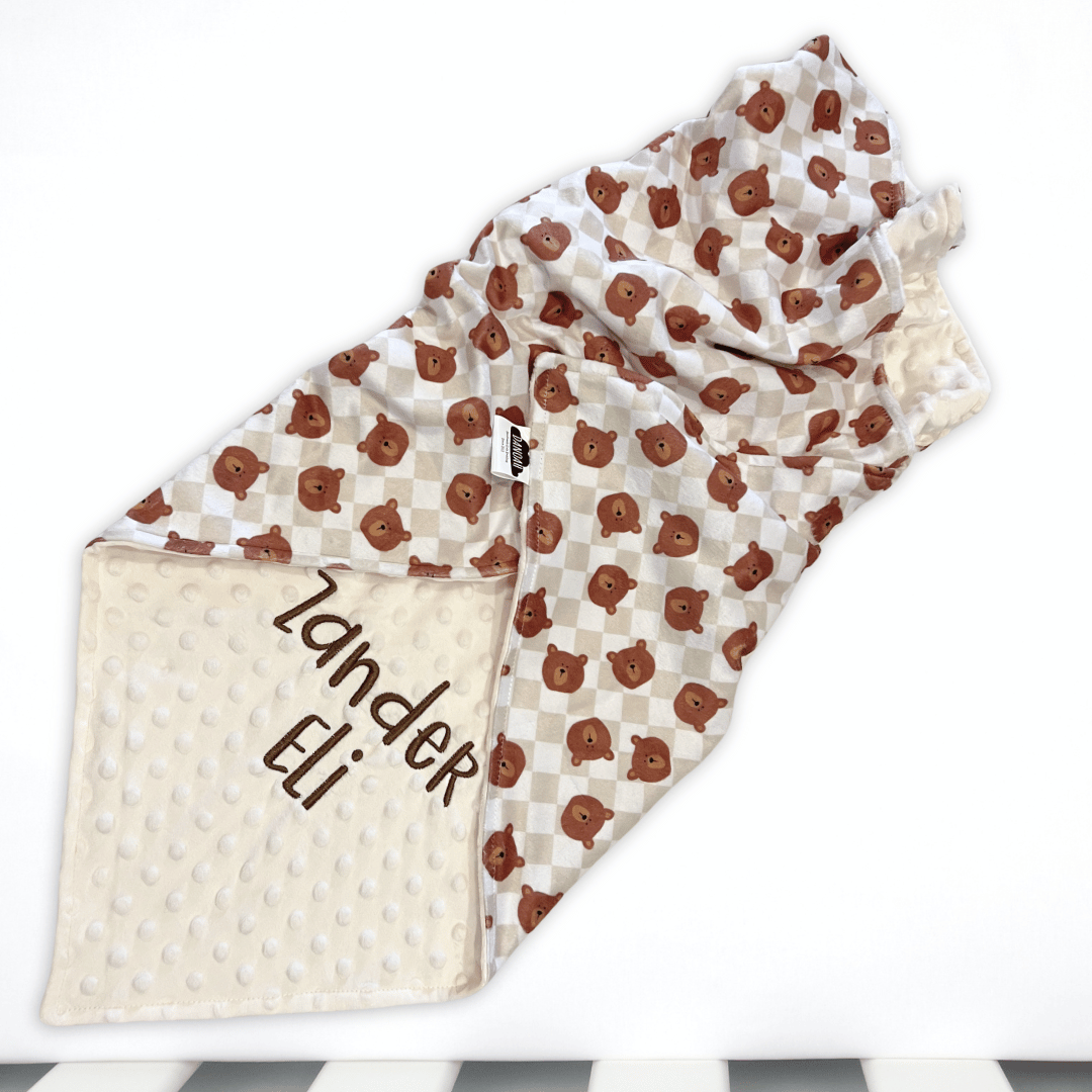 Embroidered Personalised Minky Dot Blanket - "Brown Checkered Teddy Bears"