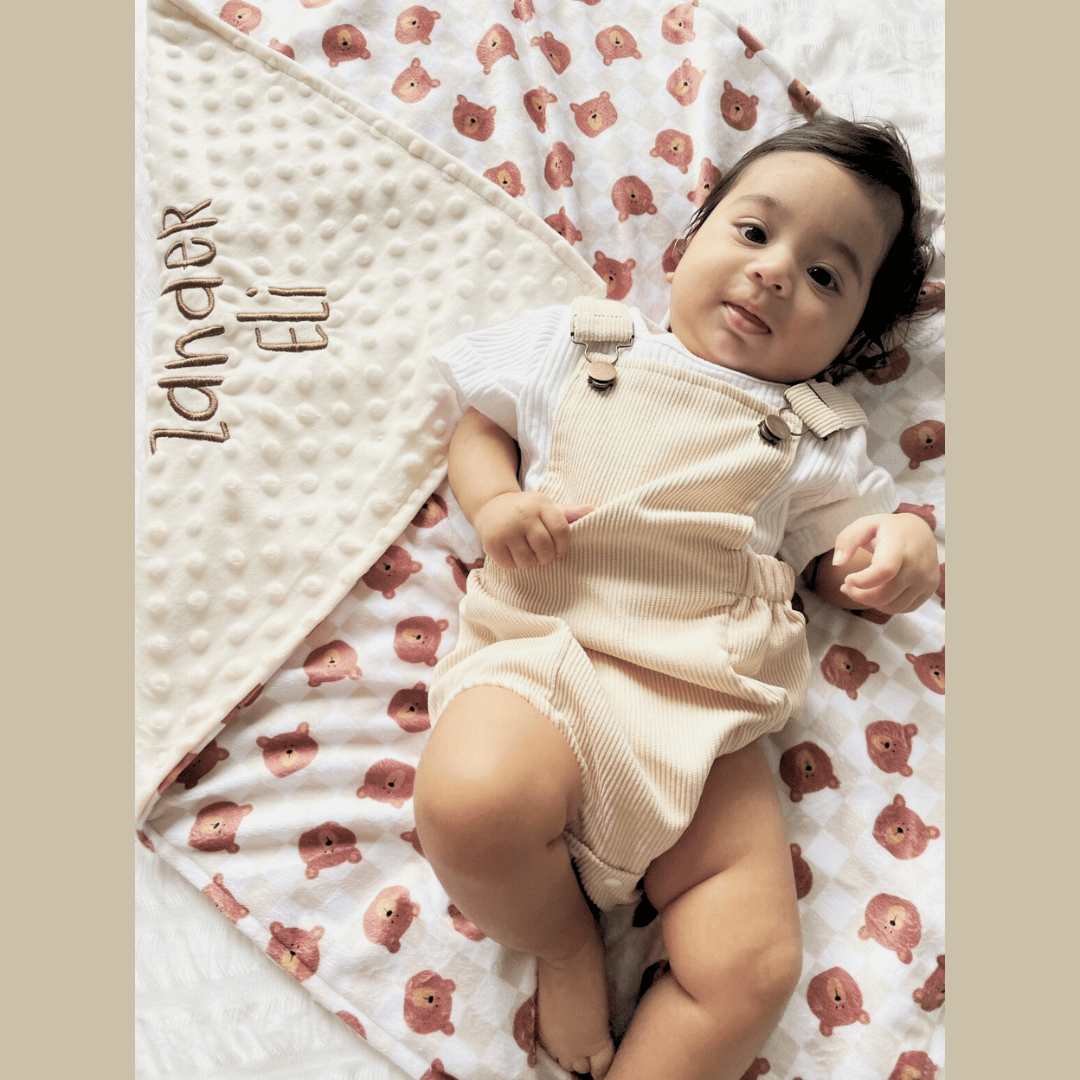 Embroidered Personalised Minky Dot Blanket - "Brown Checkered Teddy Bears"
