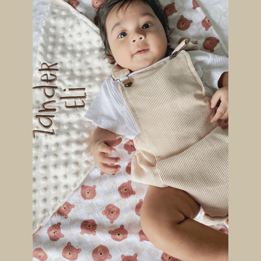Embroidered Personalised Minky Dot Blanket - "Brown Checkered Teddy Bears"