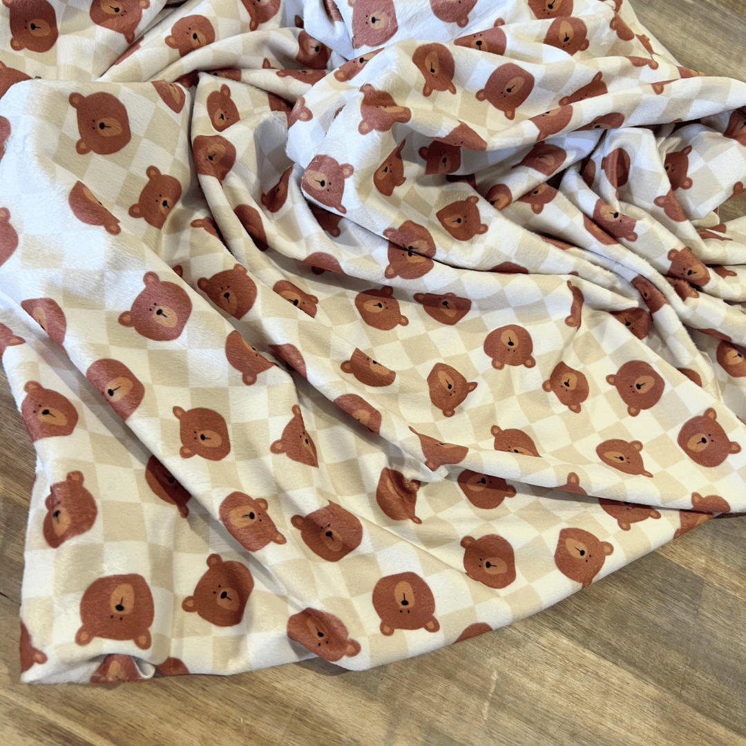Embroidered Personalised Minky Dot Blanket - "Brown Checkered Teddy Bears"