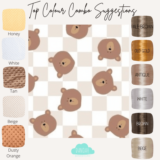 Embroidered Personalised Minky Dot Blanket - "Brown Checkered Teddy Bears"