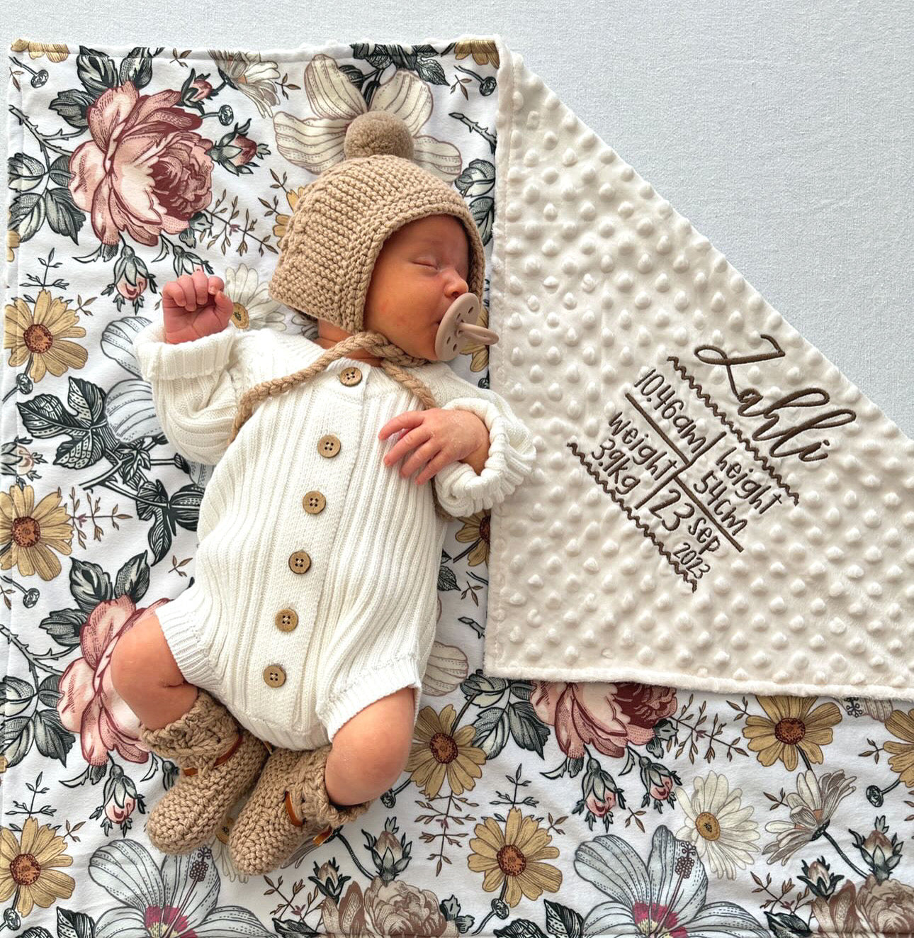 Embroidered Personalised Minky Dot Blanket - "Vintage Floral"