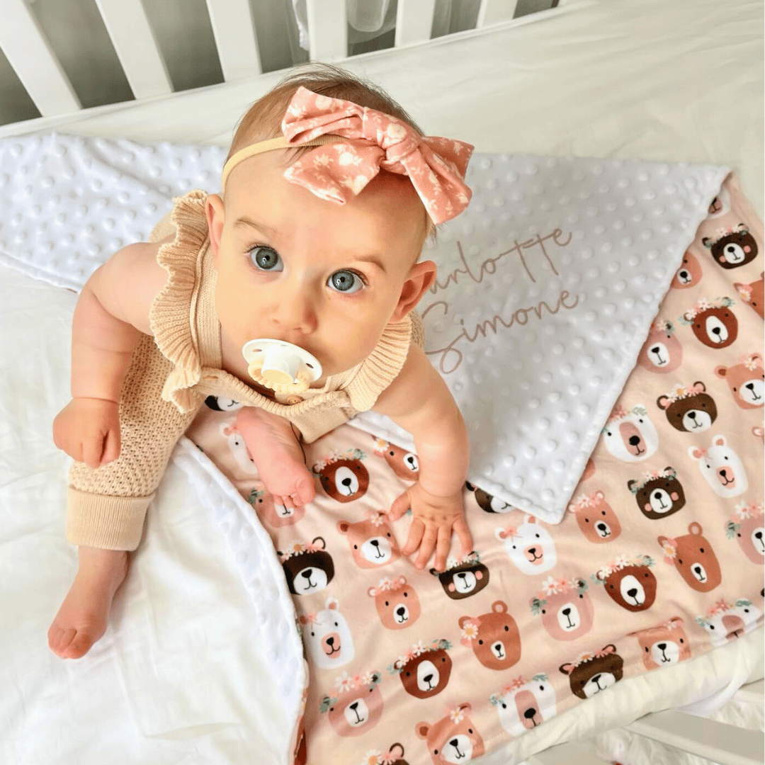 Embroidered Personalised Minky Dot Blanket - "Floral Bears"