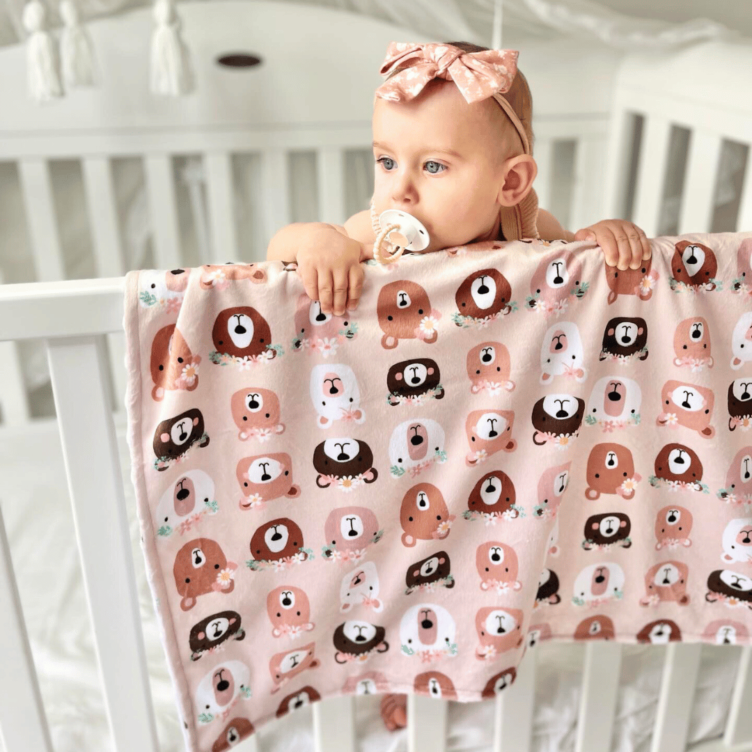 Embroidered Personalised Minky Dot Blanket - "Floral Bears"