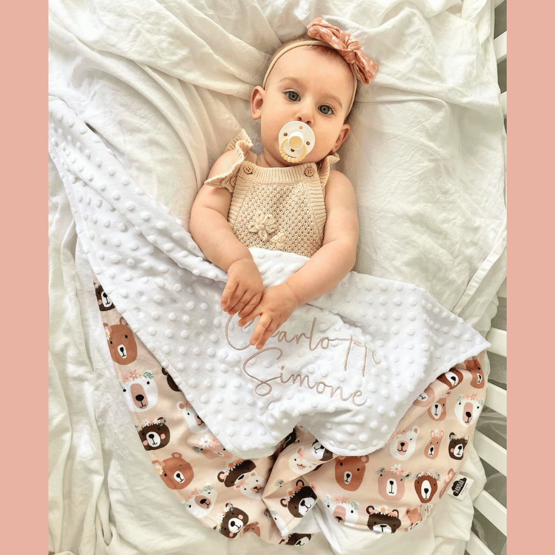 Embroidered Personalised Minky Dot Blanket - "Floral Bears"