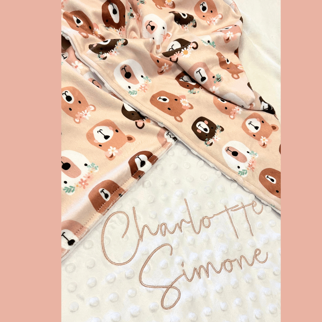 Embroidered Personalised Minky Dot Blanket - "Floral Bears"