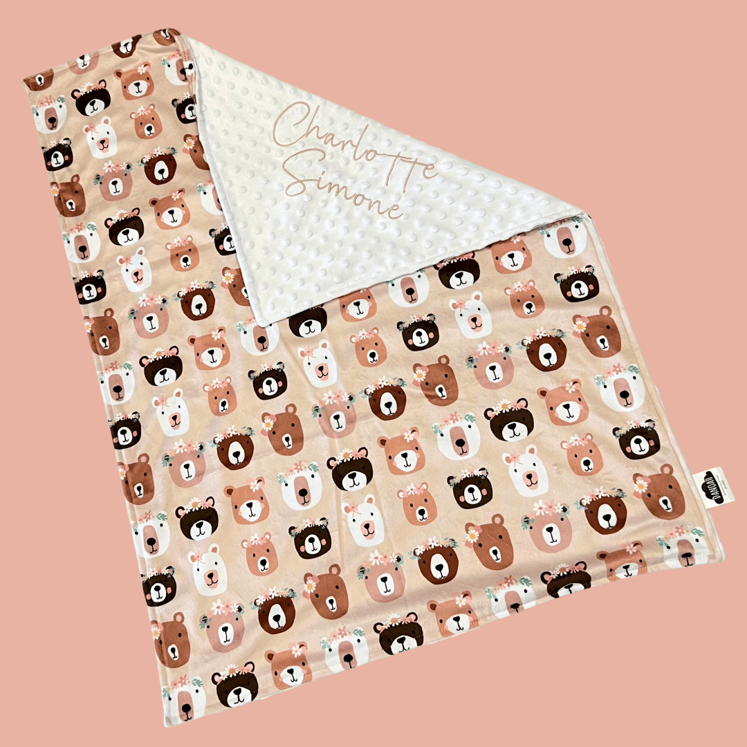 Embroidered Personalised Minky Dot Blanket - "Floral Bears"