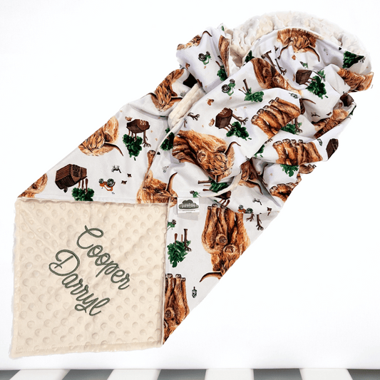 Embroidered Personalised Minky Dot Blanket - "Farming Highland Cow"
