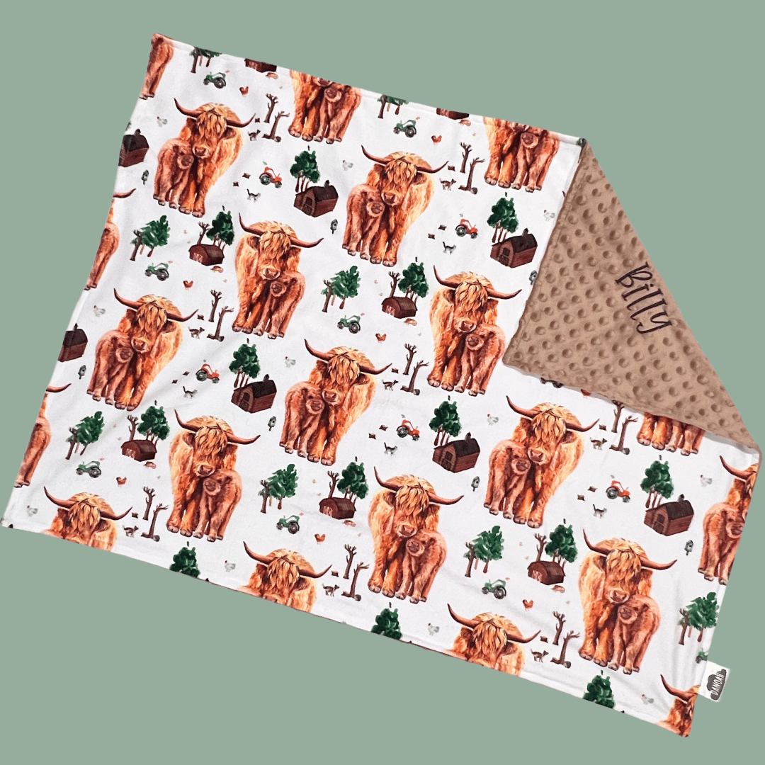 Embroidered Personalised Minky Dot Blanket - "Farming Highland Cow"