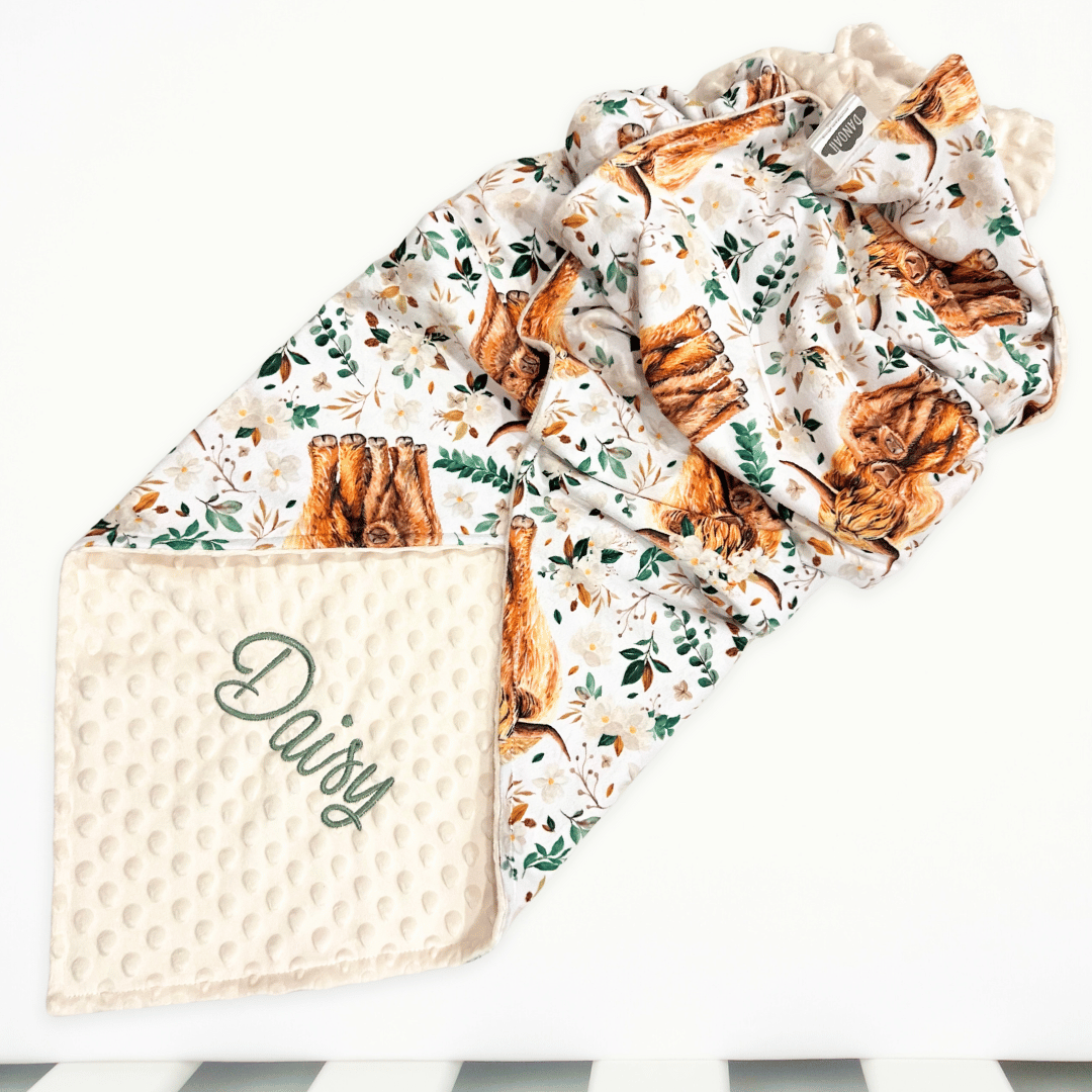 Embroidered Personalised Minky Dot Blanket - "Floral Highland Cow"