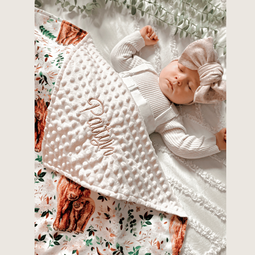 Embroidered Personalised Minky Dot Blanket - "Floral Highland Cow"