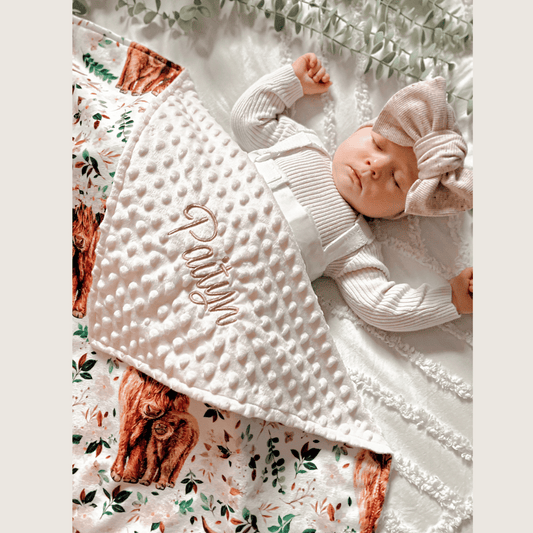 Embroidered Personalised Minky Dot Blanket - "Floral Highland Cow"