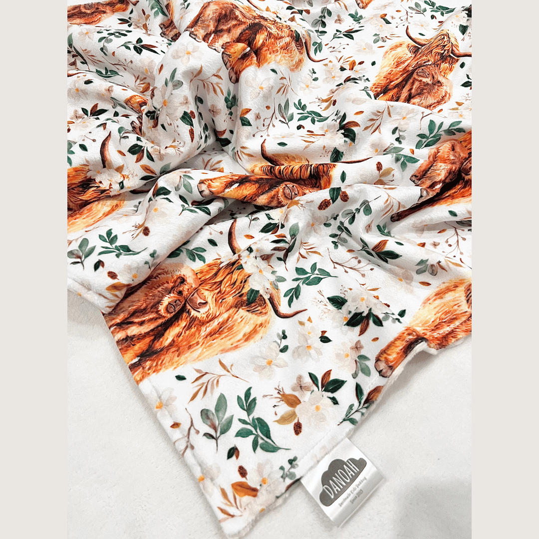 Embroidered Personalised Minky Dot Blanket - "Floral Highland Cow"