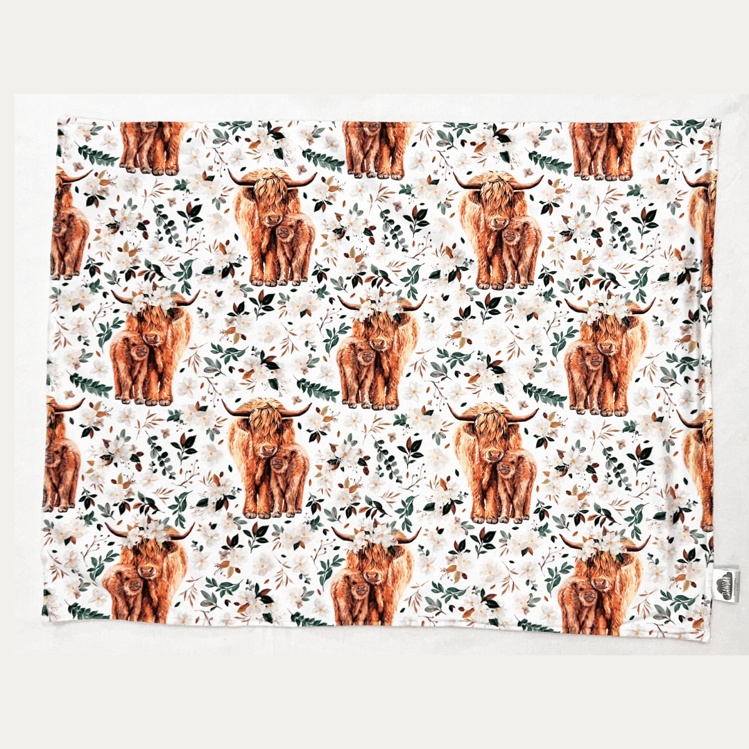 Embroidered Personalised Minky Dot Blanket - "Floral Highland Cow"