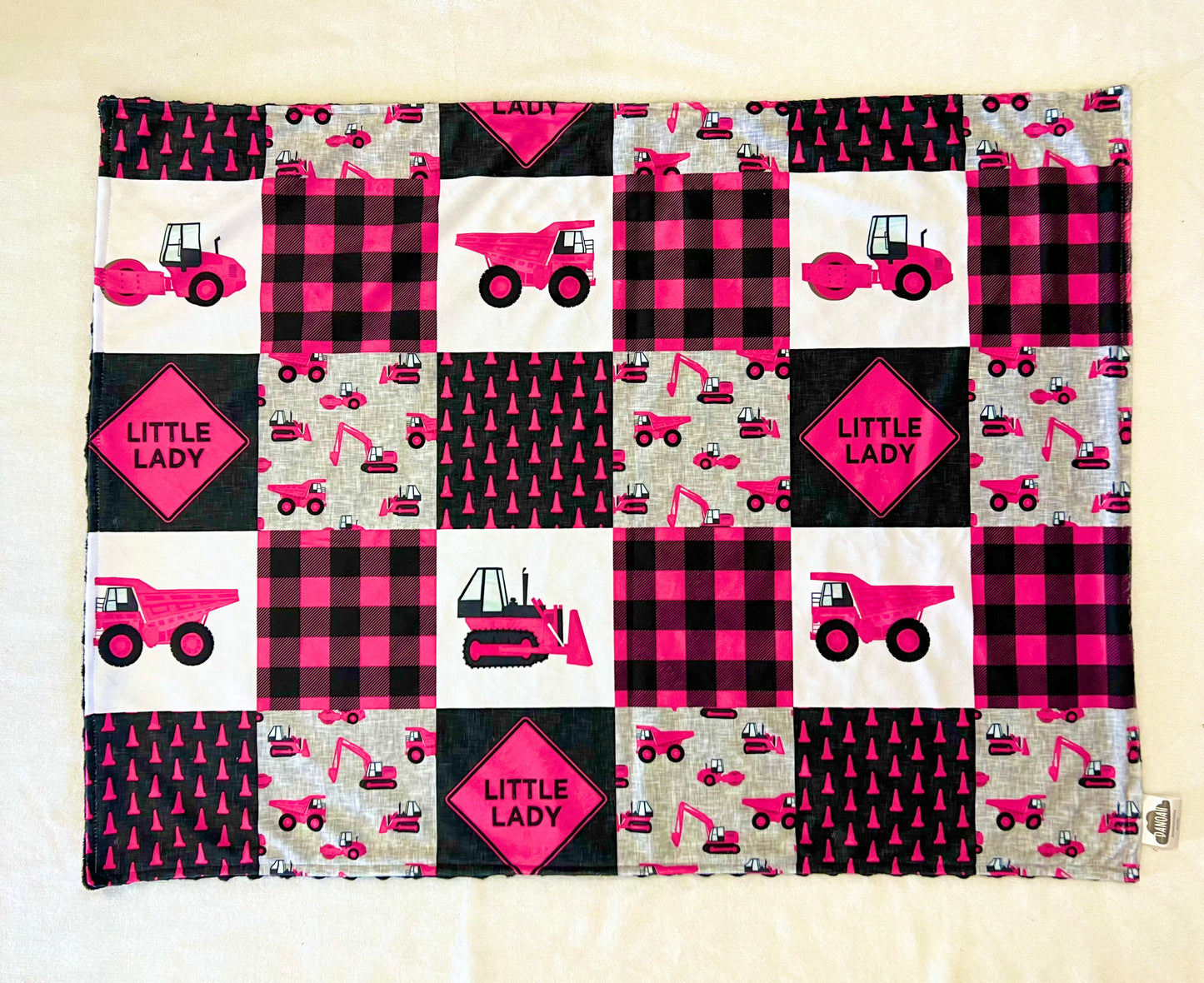 Embroidered Personalised Minky Dot Blanket - "Little Lady Construction"