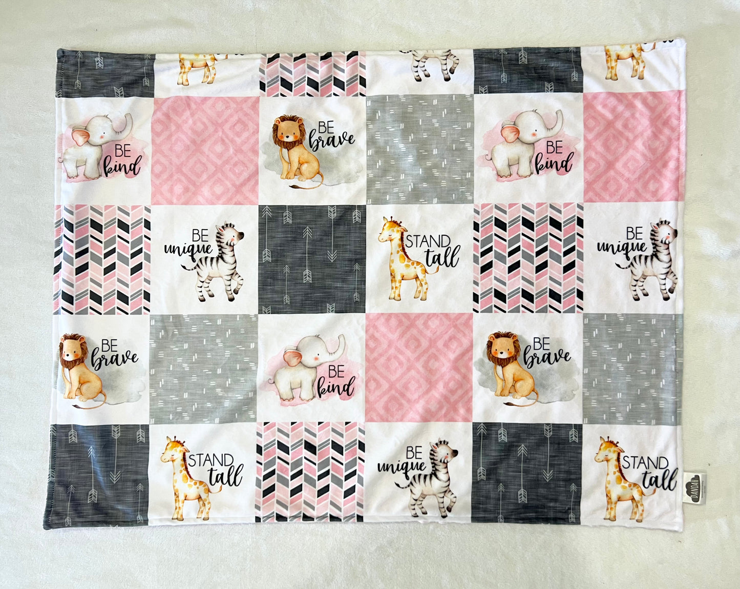 Embroidered Personalised Minky Dot Blanket - "Courageous Animals Pink"